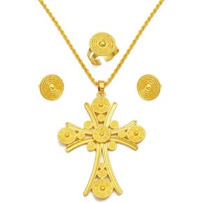 Ethiopian Jewelry for Women Set Ethiopian Traditional Jewelry Eritrean Jewelry Ethiopian Ethnic Jewelry Sets with Big Cross Pendant Necklaces Earrings Rings Women Africa