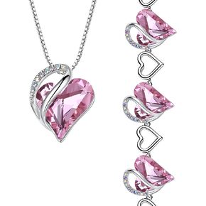 Leafael Infinity Love Heart Necklace and Bracelet for Women, October Birthstone Crystal Jewelry, Silver Tone Bundle Gifts for Women, Rose Quartz Pink