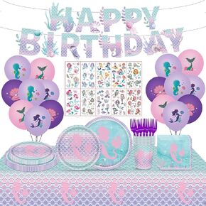 108PCS Mermaid Birthday Party Decorations Mermaid Party Supplies Include Mermaid Paper Plates and Napkins Tableware Set Banner Balloons Temporary Tattoos Mermaid Under the Sea Birthday Party Serve 16