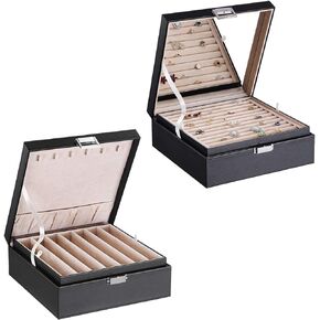 BEWISHOME صندوق منظم للحلقات والقلائد للنساء والفتيات، جلد صناعي أسود in Kuwait