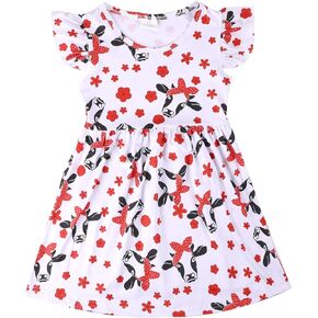 Toddler Girls Dress Cattle Cartoon Casual Print Dresses Flutter Sleeve Outfits 2-8Y