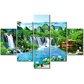 Chinese Landscape Watercolor Painting Wall Decor Posters and Prints 5 Piece Mountain Scenery with Waterfall and Nine Fishes for Wall Decoration Wall Decor for Bedroom Ready to Hang (60"Wx40"H)