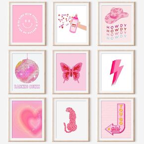 9Pcs Cute Preppy Room Decor Aesthetic, Wall Art, Posters Paintings, Cute Pictures Prints for Bedroom Dorm Decorations, Pink Wall Collage (8x10 UNFRAMED)