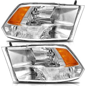 for 2009-2018 Dodge Ram 1500 2010 2011 2012 2013 2014 2015 2016 2017 2018 Dodge Ram 2500/3500 Pickup Headlight Assembly Clear Lens Chrome Housing & Amber Reflector Headlamp Replacement L+R