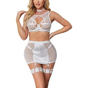 Women's Lingerie Sets Sexy Naughty 6 Piece Strappy Bra Thong with Skirt Garter Lingerie Outfits