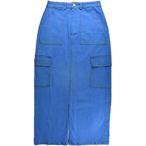 Women Long Denim Skirts A-Line Stretch High Waist with 4 Pockets, Maxi Jean Skirts for Casual Wearing Blue