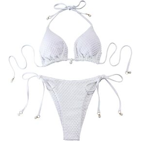 Lilosy Petite Sexy Shell Halter Bikini Tie Back String Thong Swimsuit Set Women High Cut Cheeky Triangle Top Bathing Suit