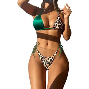 SOLY HUX Bikini Sets for Women Leopard Print Halter Triangle Tie Side Bathing Suits Two Piece Swimsuit