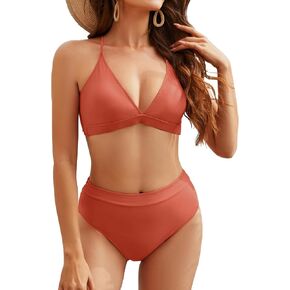 طقم بيكيني نسائي عالي الخصر مكون من قطعتين متقاطع من الخلف ورقبة على شكل حرف V لباس سباحة ذو قصة عالية in Kuwait