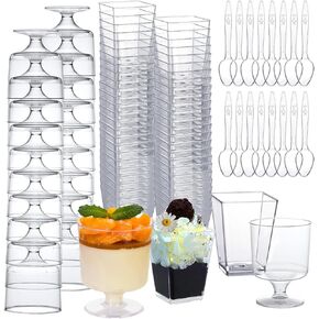 mwellewm 150 Packs Mini Dessert Cups with Spoons, 3oz Clear Plastic Dessert Parfait Cups for Parties, Small Dessert Shooters Fruit Ice Cream Pudding Treat Appetizer Cups (Round, Square)