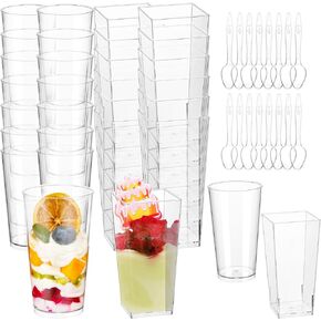 mwellewm 150 Packs Mini Dessert Cups with Spoons, 3oz Clear Plastic Dessert Parfait Cups for Parties, Small Dessert Shooters Fruit Ice Cream Pudding Treat Appetizer Cups (Round, Square)