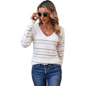 SweatyRocks Women's Striped V Neck Drop Shoulder Knit Shirt Tops Long Sleeve Pullover Sweater