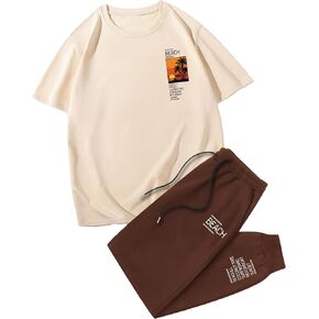 GORGLITTER Men's 2 Piece Slogan Graphic Outfit Crewneck T Shirt Drawstring Waist Sweatpants Set