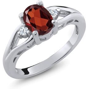 Gem Stone King 925 Sterling Silver Red Garnet and White Topaz 3 Stone Engagement Ring For Women | 1.28 Cttw | Oval 8X6MM | Round 2MM | Gemstone January Birthstone | Available in Size 5,6,7,8,9