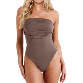 Women's Sexy Strapless Tube Top Bodysuit Ruched Sleeveless One Piece Body Suit Leotard Tops