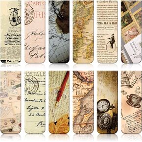12 Pieces Vintage Style Magnetic Bookmarks Assorted Colors Magnet Page Markers Magnetic Reading Bookmarks Page Clip Markers for Students Reader Bookworm, Home School Office Supplies, 12 Designs