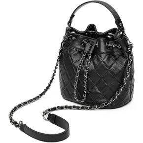 DORIS & JACKY Leather Drawstring Bucket Crossbody Women Quilted Top Handle Bag With Chain Strap