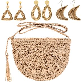 حقيبة كروس منسوجة من القش للنساء حقيبة صيفية للشاطئ من الروطان مع أقراط من الروطان للنساء حقائب يد من القش من بوهو راتان (كاكي) in Kuwait