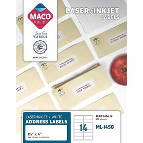 MACO Laser/Ink Jet White Address Labels, 1-1/2" x 4", 14 per Sheet, 1400 per Box (ML-1450)