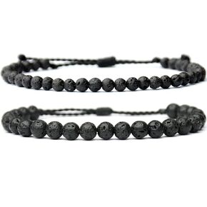2 Pcs Natural Gemstone Beaded（4mm/6mm）Healing Jewelry，Handmade Adjustable Bracelet for Man Women,Matching Bead Couple Bracelets for Boyfriend Girlfriend (Mahogany Obsidian)