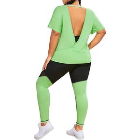 Verdusa Women's Plus 2 Piece Workout Sets Casual Oversized Backless T-Shirt Tops With Pocket Leggings Jogger Outfit