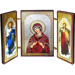 Virgin Mary Icon Sorrows Seven Swords Triptych Madonna With Archangels Saint Gabriel and Michael 3 3/8 Inch, Religious Gifts For Woman, Man
