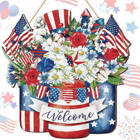 Queekay 4th of July Decoration Memorial Day Door Sign Wooden Patriotic Welcome Wall Decor American Flag Hanging Sign Red White Blue Wreath Independence Day for Front Door Porch Wall(Floral) in Saudi Arabia