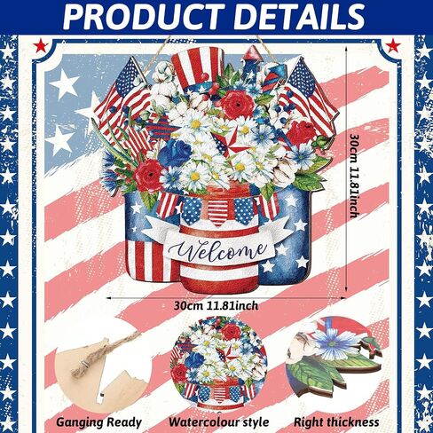 Queekay 4th of July Decoration Memorial Day Door Sign Wooden Patriotic Welcome Wall Decor American Flag Hanging Sign Red White Blue Wreath Independence Day for Front Door Porch Wall(Floral) in Saudi Arabia