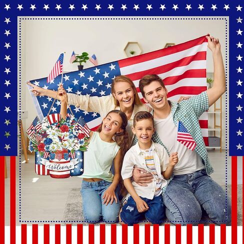 Queekay 4th of July Decoration Memorial Day Door Sign Wooden Patriotic Welcome Wall Decor American Flag Hanging Sign Red White Blue Wreath Independence Day for Front Door Porch Wall(Floral) in Saudi Arabia