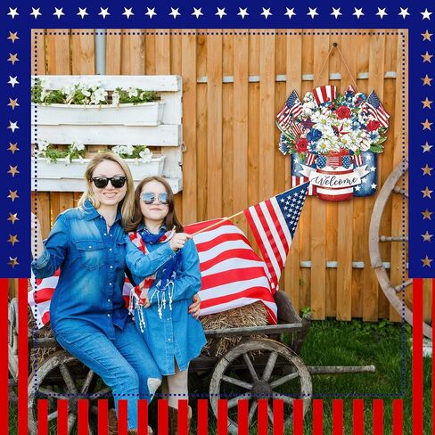 Queekay 4th of July Decoration Memorial Day Door Sign Wooden Patriotic Welcome Wall Decor American Flag Hanging Sign Red White Blue Wreath Independence Day for Front Door Porch Wall(Floral) in Saudi Arabia