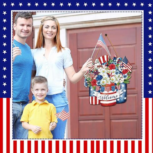 Queekay 4th of July Decoration Memorial Day Door Sign Wooden Patriotic Welcome Wall Decor American Flag Hanging Sign Red White Blue Wreath Independence Day for Front Door Porch Wall(Floral) in Saudi Arabia