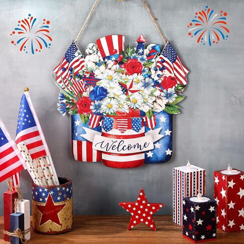 Queekay 4th of July Decoration Memorial Day Door Sign Wooden Patriotic Welcome Wall Decor American Flag Hanging Sign Red White Blue Wreath Independence Day for Front Door Porch Wall(Floral) in Saudi Arabia