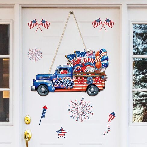 Queekay 4th of July Decoration Memorial Day Door Sign Wooden Patriotic Welcome Wall Decor American Flag Hanging Sign Red White Blue Wreath Independence Day for Front Door Porch Wall(Floral) in Saudi Arabia