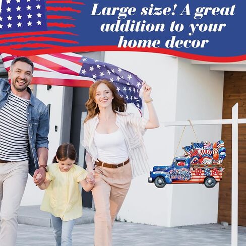 Queekay 4th of July Decoration Memorial Day Door Sign Wooden Patriotic Welcome Wall Decor American Flag Hanging Sign Red White Blue Wreath Independence Day for Front Door Porch Wall(Floral) in Saudi Arabia