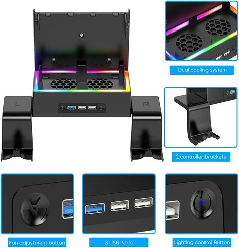 GORIXER Wall Mount for Xbox Series S, Vertical RGB Light Cooling Fan Bracket Mount Kit Accessories with 2 X Controller Holder & Extended USB Ports for Xbox Series S Console -Black in Saudi Arabia