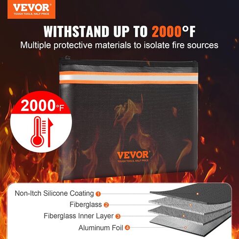 VEVOR Fireproof Document Bag, 2 pcs 8"x5" Fireproof Money Bag 2000℉, Fireproof and Waterproof Bag with Zipper and Reflective Strip, for Money, Documents, Jewelry and Passport in Saudi Arabia