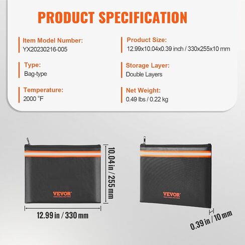 VEVOR Fireproof Document Bag, 2 pcs 8"x5" Fireproof Money Bag 2000℉, Fireproof and Waterproof Bag with Zipper and Reflective Strip, for Money, Documents, Jewelry and Passport in Saudi Arabia