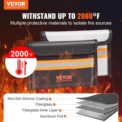 VEVOR Fireproof Document Bag, 2 pcs 8"x5" Fireproof Money Bag 2000℉, Fireproof and Waterproof Bag with Zipper and Reflective Strip, for Money, Documents, Jewelry and Passport in Saudi Arabia
