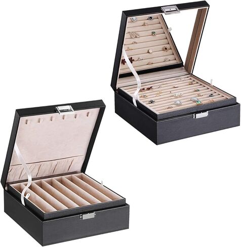 BEWISHOME صندوق منظم للحلقات والقلائد للنساء والفتيات، جلد صناعي أسود in Kuwait