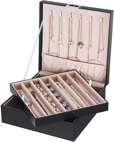 BEWISHOME صندوق منظم للحلقات والقلائد للنساء والفتيات، جلد صناعي أسود in Kuwait