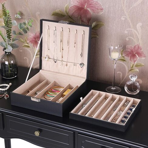 BEWISHOME صندوق منظم للحلقات والقلائد للنساء والفتيات، جلد صناعي أسود in Kuwait