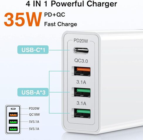 2 حزمة USB C شاحن سريع 35 واط نوع C شاحن حائط كتل Boxeroo 4 منافذ توصيل الطاقة شحن كتلة محول التوصيل مع كابل شحن 6FT USB C iPhone 15 متوافق مع iPhone 15 Samsung S22 in Kuwait