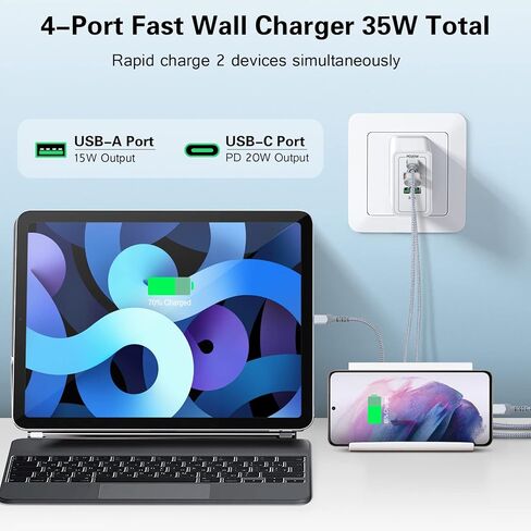 2 حزمة USB C شاحن سريع 35 واط نوع C شاحن حائط كتل Boxeroo 4 منافذ توصيل الطاقة شحن كتلة محول التوصيل مع كابل شحن 6FT USB C iPhone 15 متوافق مع iPhone 15 Samsung S22 in Kuwait