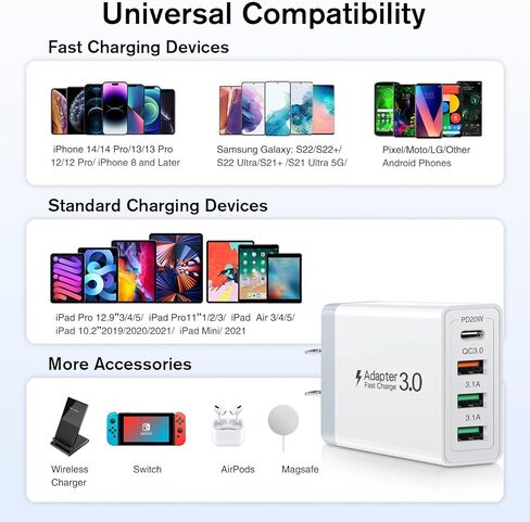 2 حزمة USB C شاحن سريع 35 واط نوع C شاحن حائط كتل Boxeroo 4 منافذ توصيل الطاقة شحن كتلة محول التوصيل مع كابل شحن 6FT USB C iPhone 15 متوافق مع iPhone 15 Samsung S22 in Kuwait