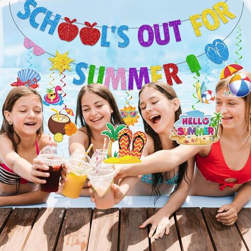 Schools Out for Summer Decorations Banner Swirls, Hello Summer Banner, NO-DIY End of School Year Party Decorations Include 1 Pc Schools Out for Summer Banner and 8 Pcs Last Day of School Decorations Hanging Swirls, Summer Party Decorations in Saudi Arabia