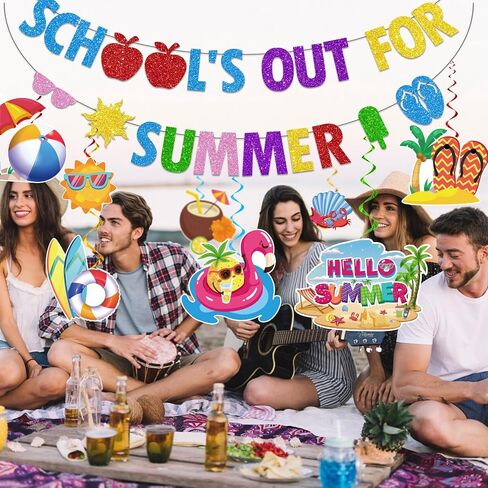Schools Out for Summer Decorations Banner Swirls, Hello Summer Banner, NO-DIY End of School Year Party Decorations Include 1 Pc Schools Out for Summer Banner and 8 Pcs Last Day of School Decorations Hanging Swirls, Summer Party Decorations in Saudi Arabia