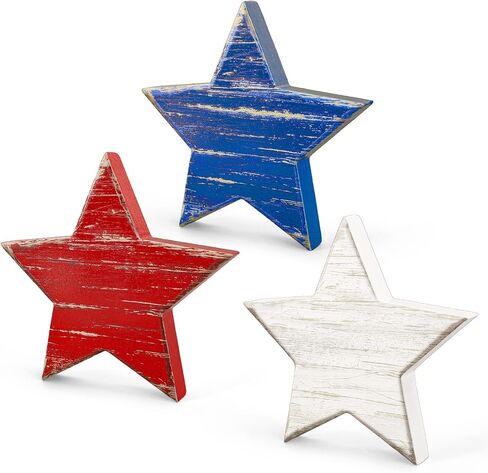 Whaline 4th of July Wooden Star Signs Patriotic Rustic Star Shape Tiered Tray Decor Red Blue White Wood Star Blocks Retro Freestanding Table Signs for Independence Day Farmhouse Home Decor, 3Pcs in Saudi Arabia