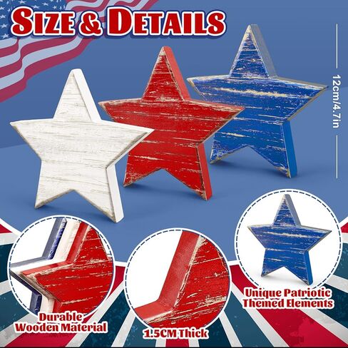 Whaline 4th of July Wooden Star Signs Patriotic Rustic Star Shape Tiered Tray Decor Red Blue White Wood Star Blocks Retro Freestanding Table Signs for Independence Day Farmhouse Home Decor, 3Pcs in Saudi Arabia
