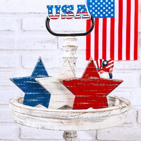 Whaline 4th of July Wooden Star Signs Patriotic Rustic Star Shape Tiered Tray Decor Red Blue White Wood Star Blocks Retro Freestanding Table Signs for Independence Day Farmhouse Home Decor, 3Pcs in Saudi Arabia