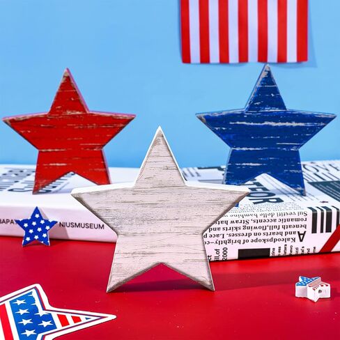 Whaline 4th of July Wooden Star Signs Patriotic Rustic Star Shape Tiered Tray Decor Red Blue White Wood Star Blocks Retro Freestanding Table Signs for Independence Day Farmhouse Home Decor, 3Pcs in Saudi Arabia